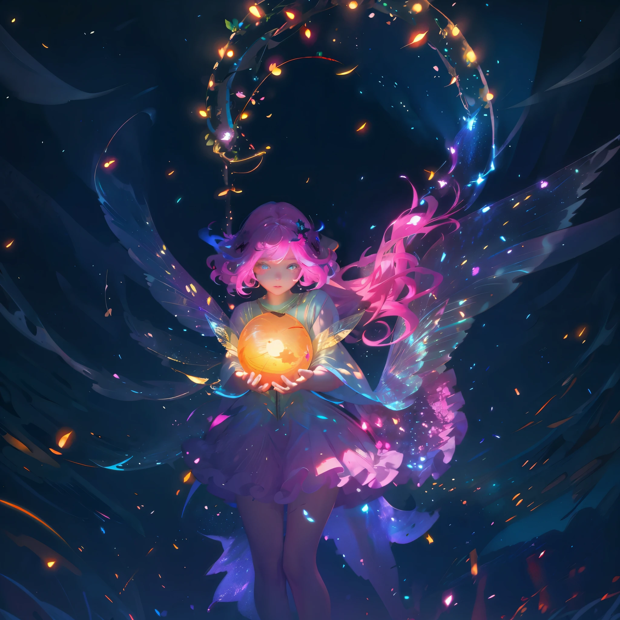 a colorful fairy girl with fairy wings,detailed face,long hair,beautiful eyes,beautiful lips,intricate fairy wings,dark enchanted forest,glowing fireflies,floating glowing lanterns,warm lighting,vibrant colors,fantasy,highly detailed,photorealistic,masterpiece,8k