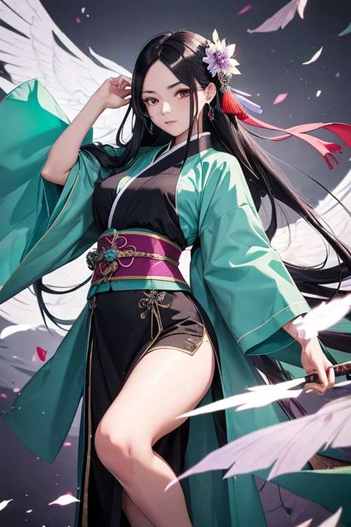 chinese art in high resolution, estilo antigo, girl with long black hair with white highlights wearing aqua green and purple kimono with silver details, espada longa com manchas sangue, with the background of war with bodies on the ground