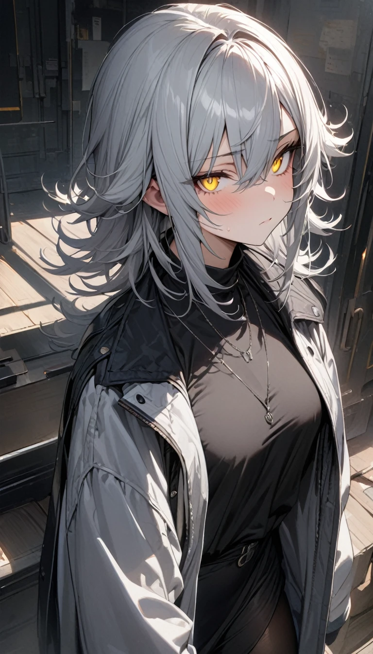 a handsome girl, 25 years old ,silver hair, flipped hair, yellow eyes, black tights, open coat, no expression, masterpiece, best quality, ultra detailed, detailed eyes,