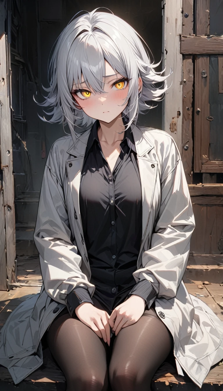 a handsome girl, 25 years old ,silver hair, flipped hair, yellow eyes, black tights, open coat, no expression, masterpiece, best quality, ultra detailed, detailed eyes,