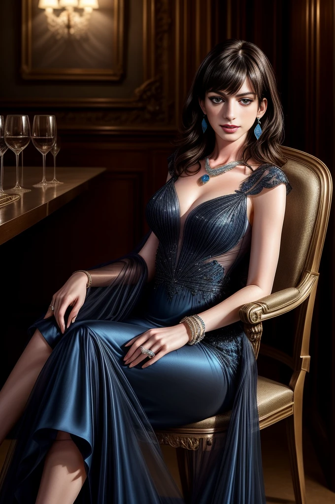 Anne Hathaway, face detailed with perfect symmetry and a beautiful sensual smile, black hair with bangs, wearing a long transparent blue evening dress, in a high-class restaurant, sitting on a chair, earrings, necklace, ring, bracelet,