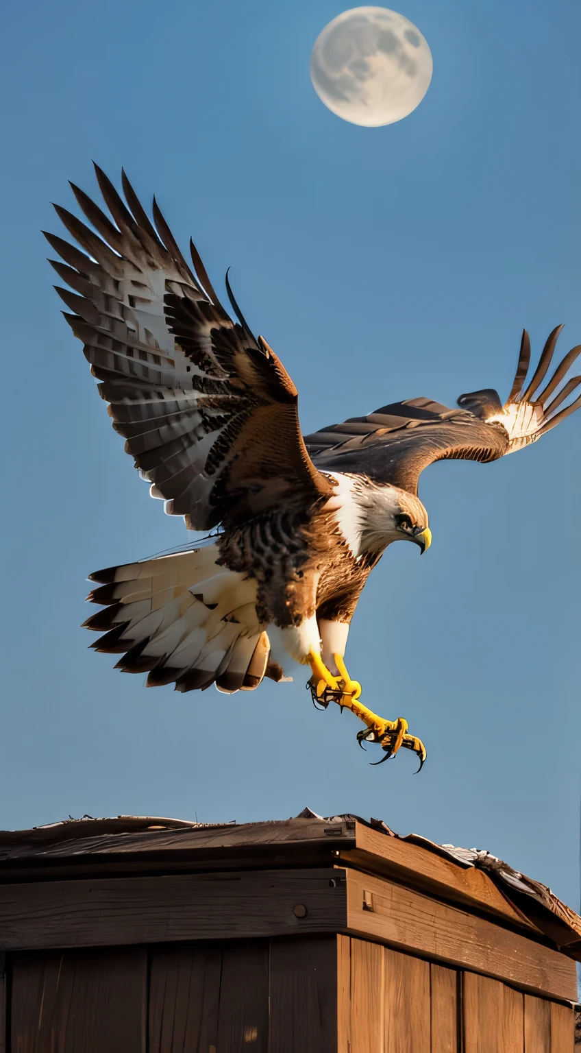 A hawk hunting its prey, (Tabletop), highest quality, (eagle)), (((no_human))), animal, feather, Shineing eyes, Scared,night, Horror, animal focus, wood, moon, Shine, dark