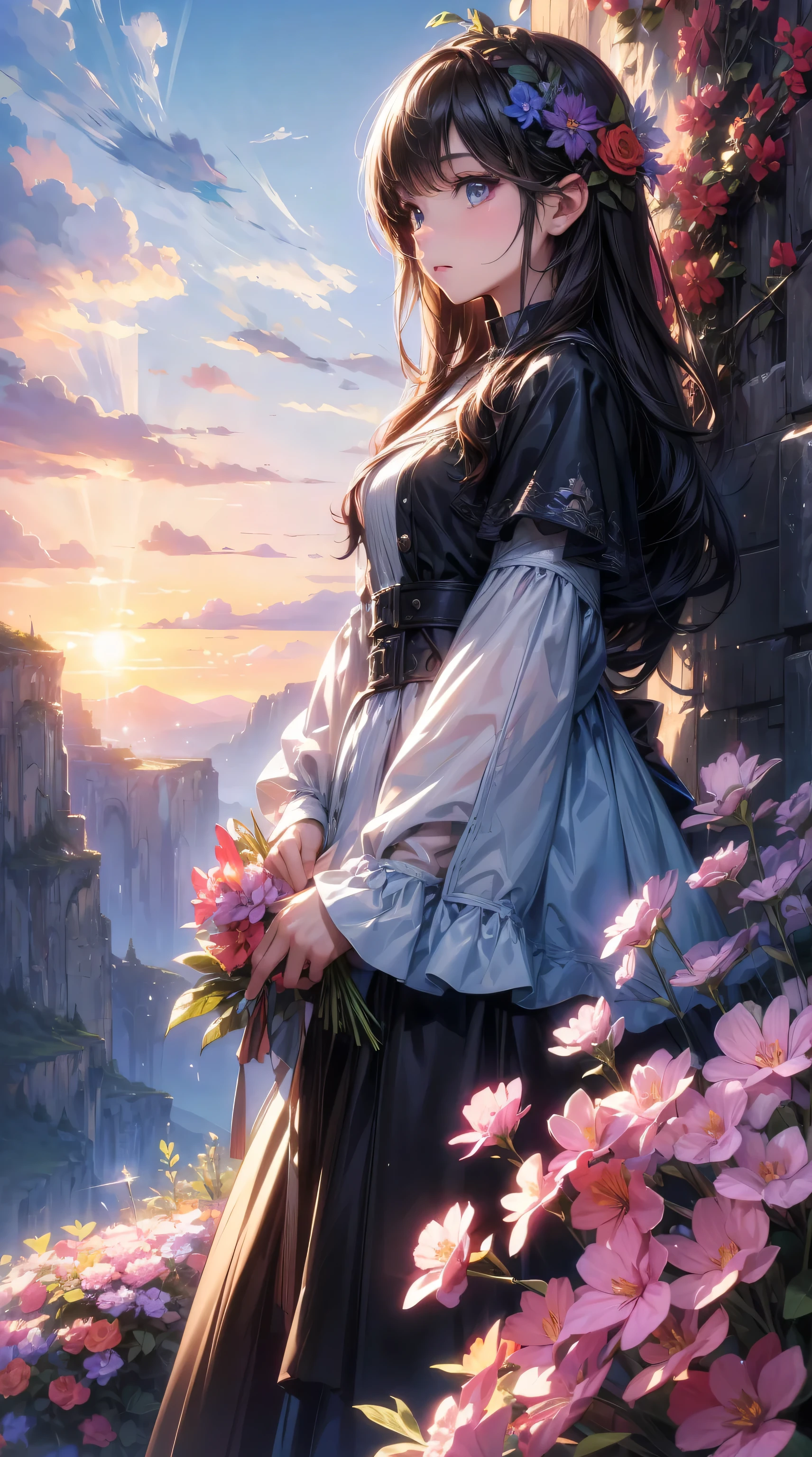 There are many flowers on the cliff, Colorful flowers, Beautiful sky, Matte painting 8k, Matte paint 8K, Vertical wallpaper 8K, Vertical wallpaper 8K, Vertical wallpaper 4K, Vertical wallpaper 4K, Lost Series, realistic fantasy rendering, 8K resolution in numbers, 8K resolution in numbers, jessica rossier fantasy art, 4K Rendering Matte Painting,  Matte paint in 3D  