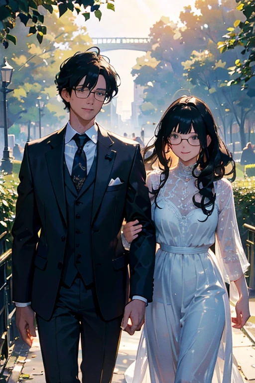 (masterpiece:1.2), high quality, high resolution, a 25-year-old man with his first girlfriend, black curly hair, wearing glasses, suit without a jacket, woman in a white dress, talking happily in a park, romantic atmosphere, soft lighting, gentle smiles, detailed, intricate, beautiful lighting, natural background, romantic style