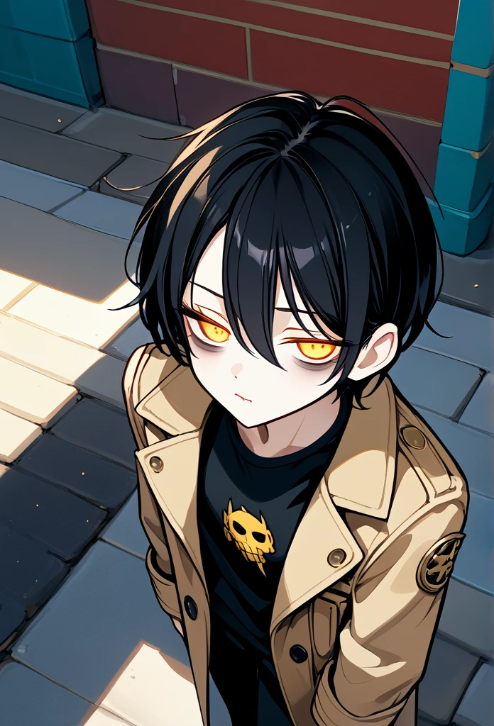 mature man, adult, (side burn hairstyle, short hair, black hair), (golden eyes, insomnia eyes, bags under eyes, sleepy eyes, sleep deprived), (toned face, sunken cheeks, wide jaw), closely trimmed beard, tall, fit body smug face, cocky expression, (golden eyes, side eyeing viewer), (long trench coat, black t-shirt, black pants), hands in trench coat, above view, sidewalk, morning, cowboy shot
