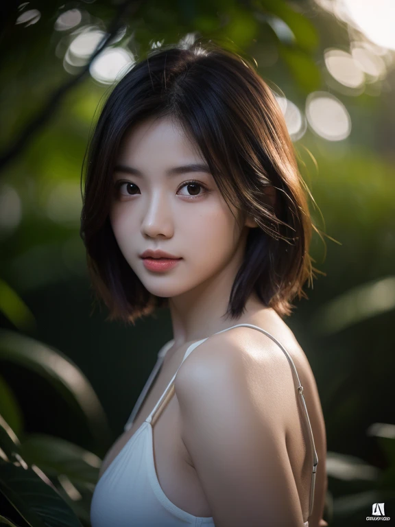 best quality, masterpiece, ultra high resolution,(In reality:1.6), raw photo, 1 woman, intermediate, In the darkness of the night, deep shading, low tune, cold light, looking at the camera, sexy look, short and detailed hair, daylight, outdoor, zoo background, jeep,