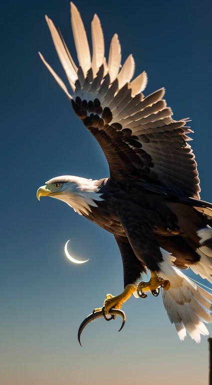 front,Flying Hawk, (Tabletop), highest quality, (eagle)), (((no_human))), animal, feather, Shineing eyes, Scared,night, Horror, animal focus, wood, moon, Shine, dark,バックは満moon
