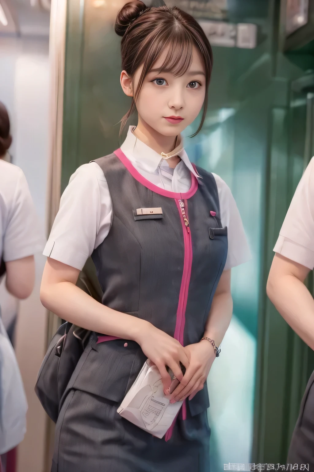 (masterpiece:1.2, highest quality:1.2), 32K HDR, High resolution, (alone、1 girl)、（On board the Shinkansen、Professional Lighting）、Background in the car、（Realistic style wearing JR GranClass attendant uniform）、Blouse with short sleeves、Scarf around the neck、（JR GranClass attendant uniform with pink parts on the sleeves of the skirt）、（JR GranClass attendant uniform with pink line on front zipper of vest）、Dark brown hair、（Hair tied up、Bun Hair、Chignon）、Dark brown hair、Long Shot、Big Breasts、（（Fine hand：2.0）），（（Harmonious body proportions：1.5）），（（Normal limbs：2.0）），（（Normal finger：2.0）），（（Delicate eyes：2.0）），（（Normal eyes：2.0））)、Luxury Necklace、Captivating look、Beautiful standing posture,Place your hands around your stomach