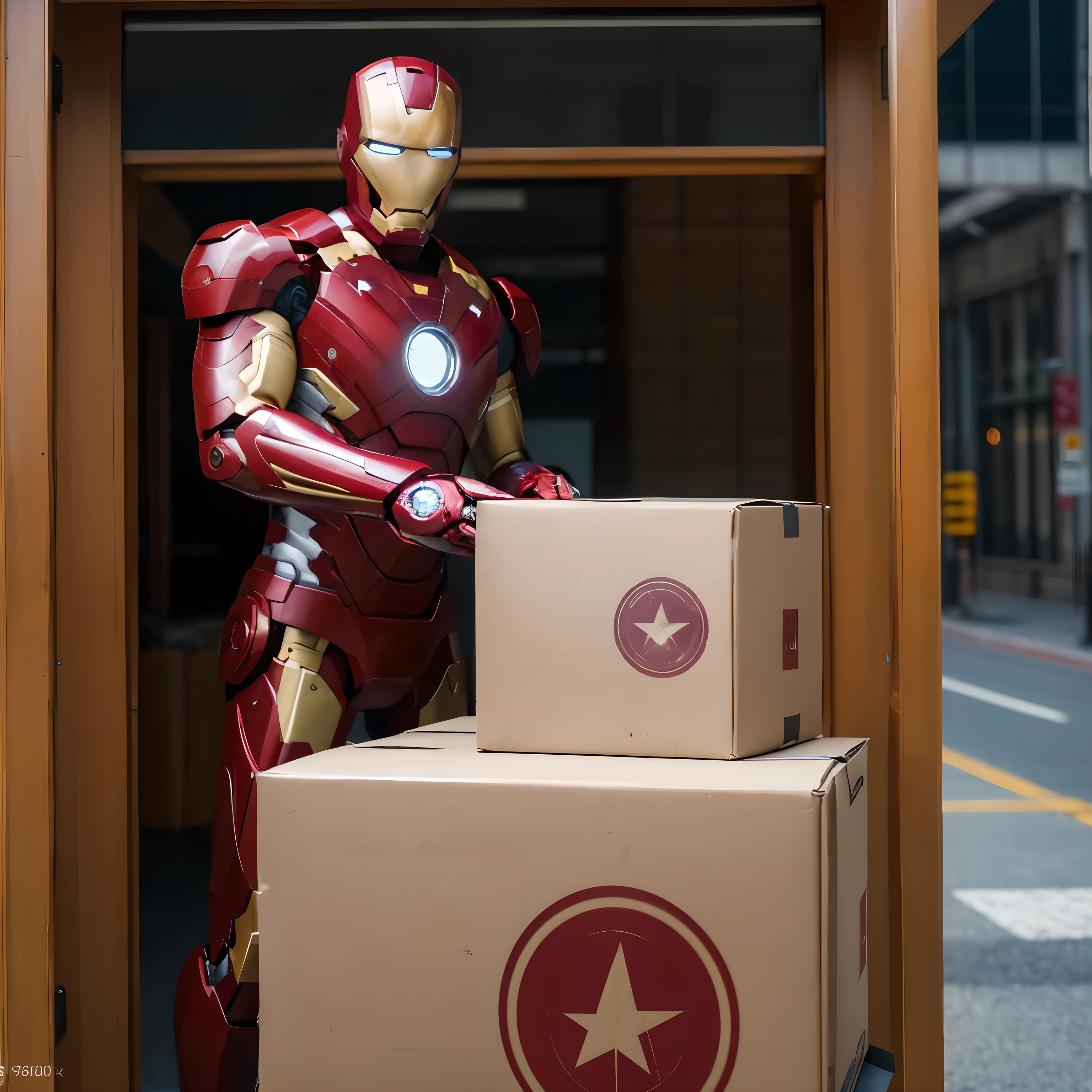 (masterpiece:1.3), (8K, Photo realism, RAW photos, Best image quality: 1.4),Realistic,Iron Man delivering a package holding a large cardboard box,At the entrance of CBD