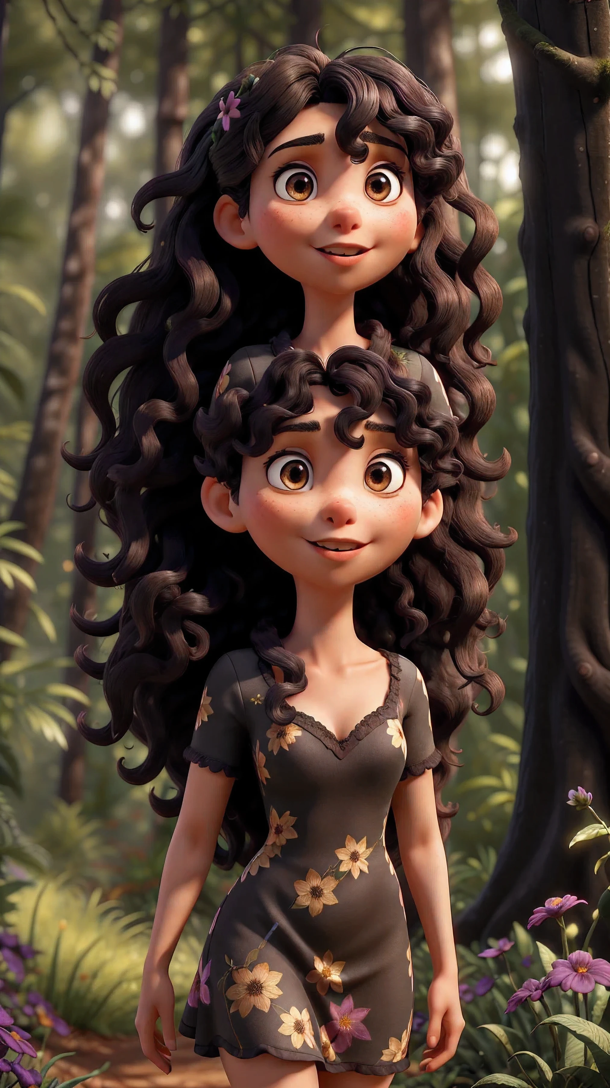 30-year-old female fairy in a short floral dress with black flowers, medium skin tone, dark-brown eyes, super curly and extra long hair down to hips, looking at the screen with a confident and assured expression, forest background, high detail, realistic, cinematic lighting, vibrant colors, detailed foliage, photorealistic.