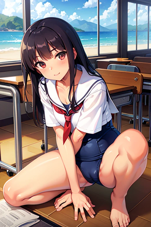 ((highest quality)), NSFW,kneeling,legs spread,tanned skin,school swimsuit,in the classroom