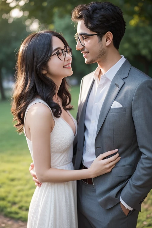 (masterpiece:1.2), high quality, high resolution, a 25-year-old man with his first girlfriend, black curly hair, wearing glasses, suit without a jacket, woman in a white dress, talking happily in a park, romantic atmosphere, soft lighting, gentle smiles, detailed, intricate, beautiful lighting, natural background, romantic style