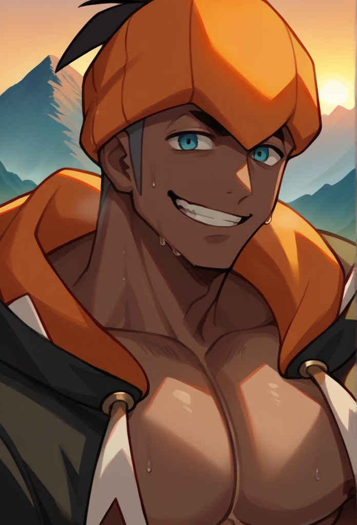 score_9, score_8_up, source_anime, solo, 1boy, male focus, dark-skinned male,  detailed background, raihan_hat, hoodie, close-up, upper teeth only, upper body, smile, detailed face, grin, sunset, outdoors, mountains, orange headwear, naked, big pecs, sweaty, horny