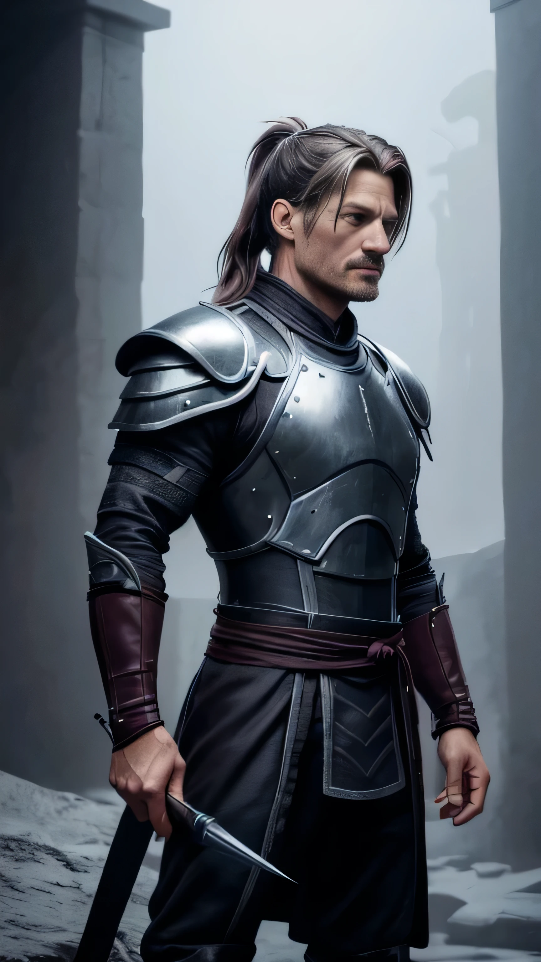 (Nikolaj Coster-Waldau) as Hotaru from Mortal Kombat, long wavy gray (ponytail), obsidian techno suit, obsidian plates, burgundy long loincloth, staff, 1man, solo, full body view, front view, looking at viewer, intricate, high detail, sharp focus, dramatic, photorealistic painting art by greg rutkowski