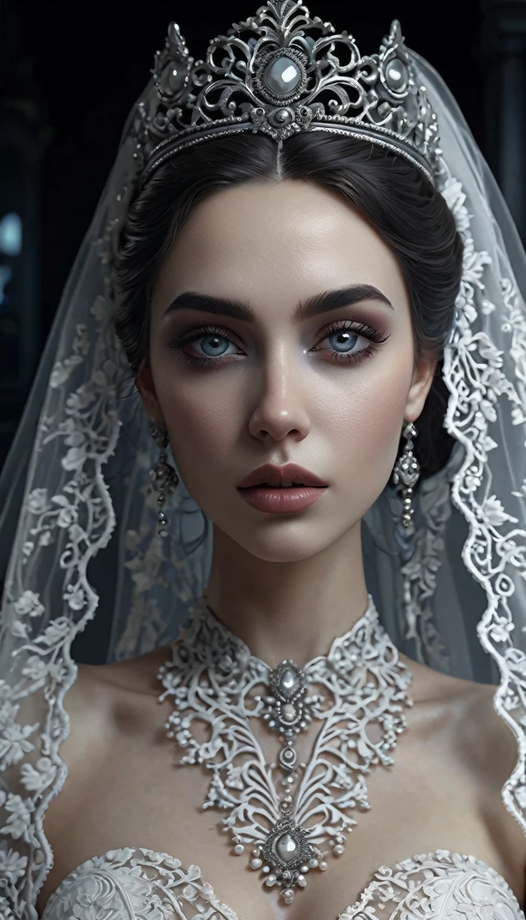 a dirty white lace wedding dress, animated corpse bride, beautiful detailed eyes, beautiful detailed lips, extremely detailed face and portrait, long eyelashes, high-detail 3D render, dark surreal gothic fantasy, somber moody lighting, muted color palette, cinematic dramatic composition, intricate ornate details, baroque style, masterpiece, (best quality, 8k, highres, masterpiece:1.2), ultra-detailed, (realistic, photorealistic:1.37)