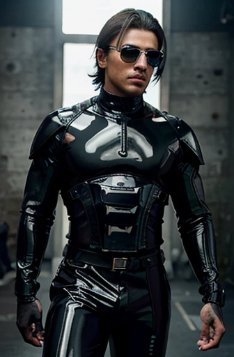Handsome latin man glamor fashion modern futuristic fashion black clothes in athletic latex pop star breastplate ARMOR medieval warrior heroes ACRYLIC LATEX. FABRICA GOTCA tight pants highlighting the muscles. Futuristic gothic haute couture. Visor oculos motoqueiro escudo preta sobre o rosto e olhos. Corpo inteiro vestido com latex preto
