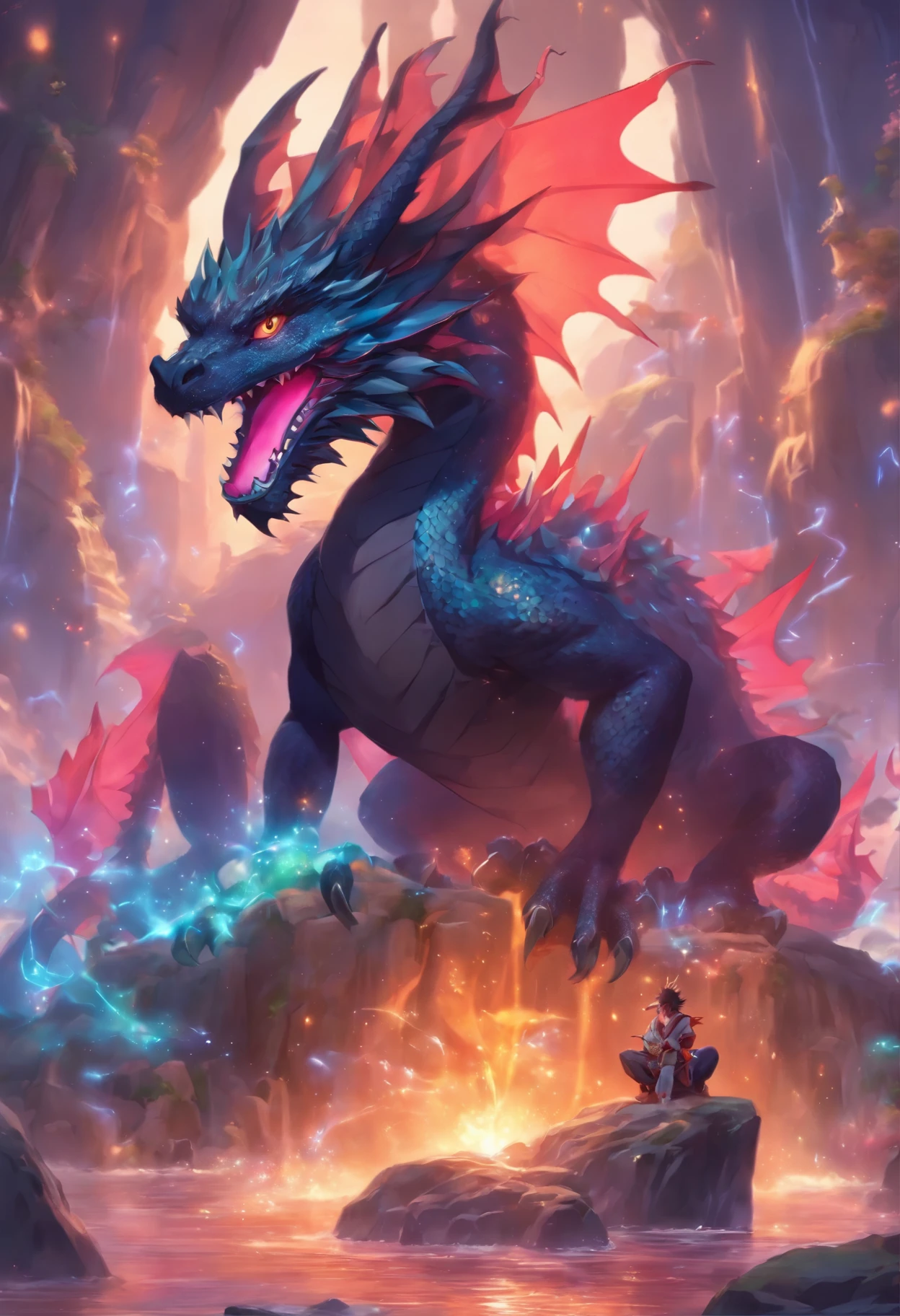 dragon with a ball in its mouth sitting on a rock, crystal dragon, dragon art, by Yang J, anthro dragon art, black dragon, a majestic gothic dragon, dragon mawshot art, but as an anthropomorphic dragon, by Victor Wang, by Ryan Yee, detailed fantasy art, 🌺 cgsociety, d&d commision art dragon