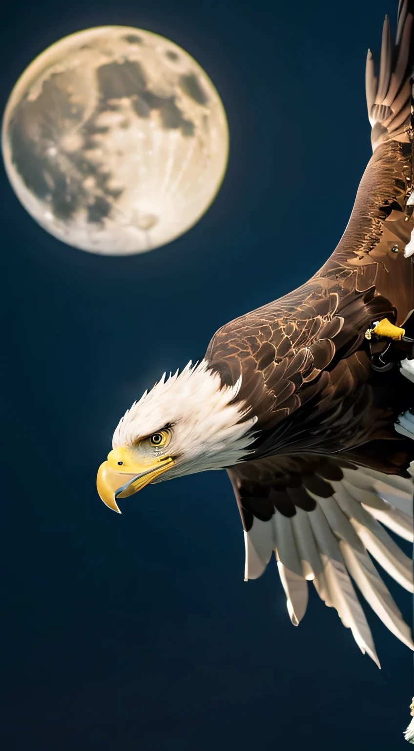 front,flying hawk, (Tabletop), highest quality, (eagle)), (((no_human))), animal, feather, Shineing eyes, Scared,night, Horror, animal focus, wood, moon, Shine, dark,The background is the full moon,There is a hawk in the full moon,Beautiful