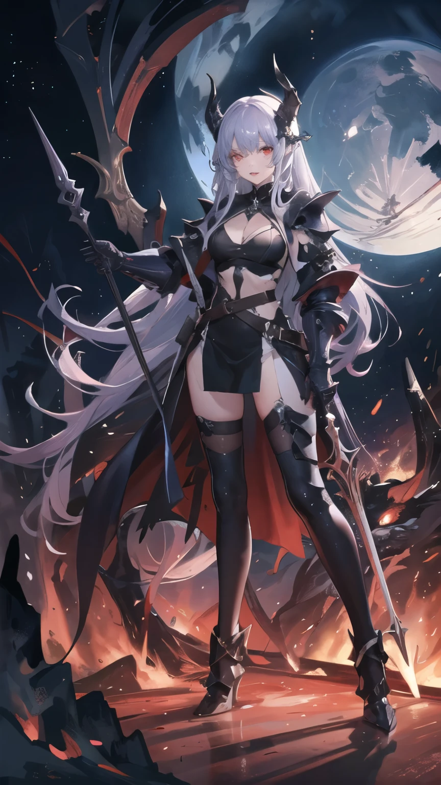 Queen of the dark demonic realm, the incarnation of a monster, skin covered in scales, red eyes, long eyelashes, narrow eyes, dark purple lipstick, armor, armor around the waist, wires on the thighs, tanned skin, beautiful abs, a large woman, dynamic movements, a three-pronged spear, a unique worldview, lamps shining here and there in the huge space of the cave, a cinematic use of light sources