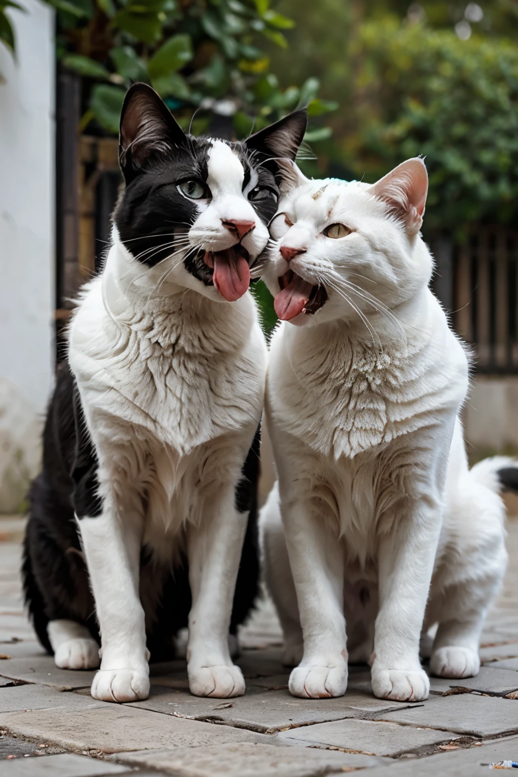 Dos gatos uno de color blanco y otro negro sacando la lengua