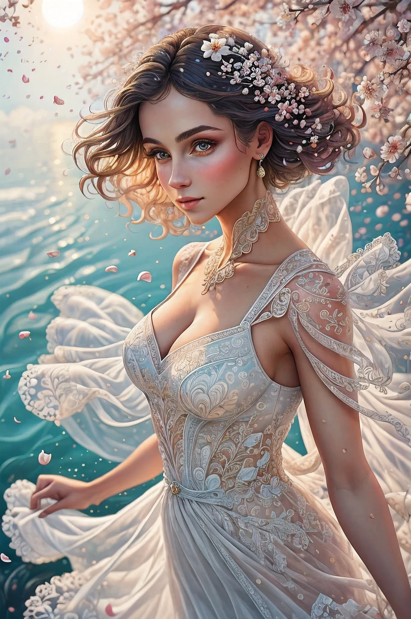 best quality, 8k, highres, masterpiece, ultra-detailed, realistic, a woman in White Lace dress, Colorful petals of flowers float in the air, bright sun colors, shallow depth of field, soft atmospheric scenes, powerful portraits, perfect anatomy, best quality, highres, realistic photo, professional photography, cinematic angle, dynamic, light shining, zentangle style