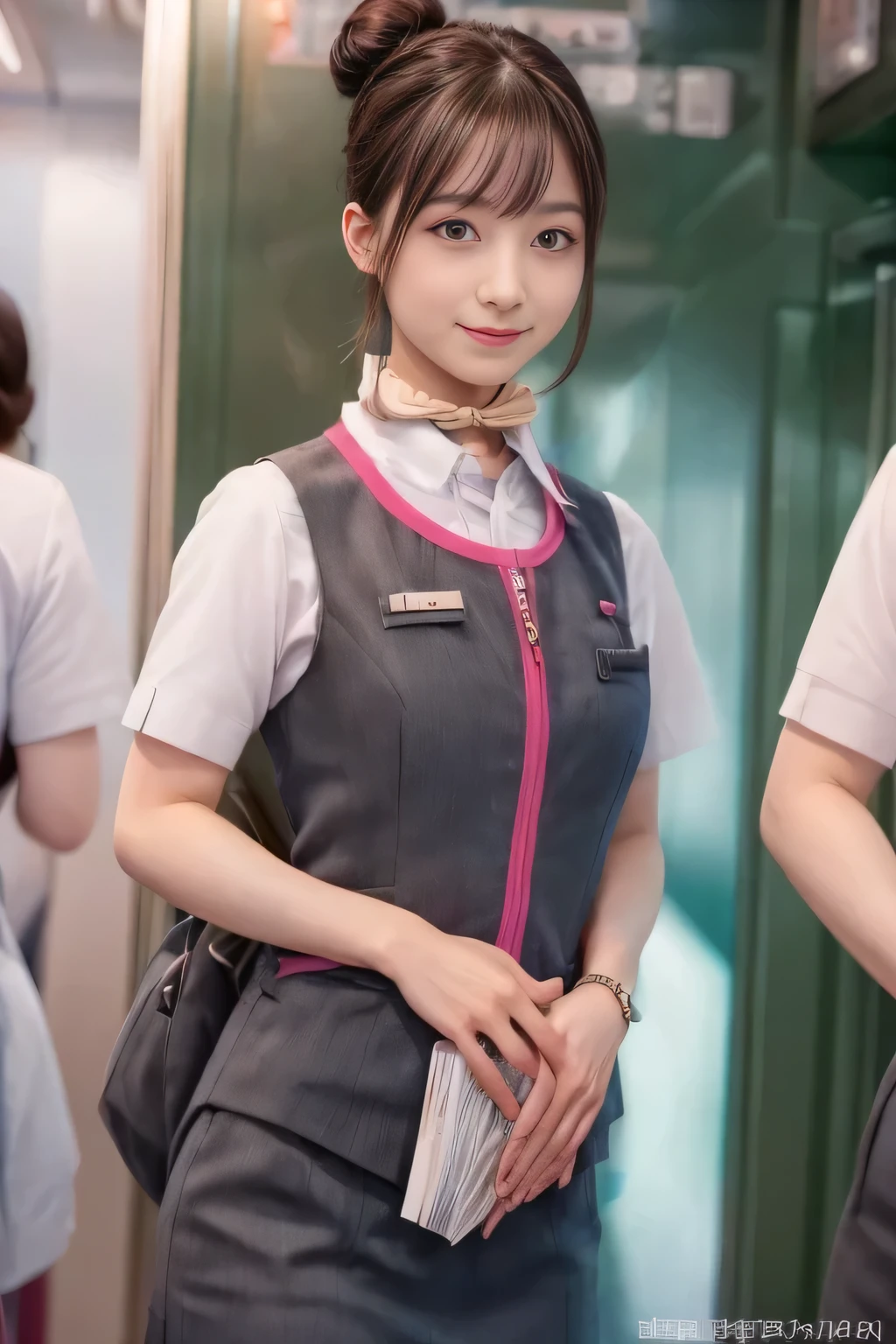 (masterpiece:1.2, highest quality:1.2), 32K HDR, High resolution, (alone、1 girl)、（On board the Shinkansen、Professional Lighting）、Background in the car、（Realistic style wearing JR GranClass attendant uniform）、Blouse with short sleeves、Scarf around the neck、（JR GranClass attendant uniform with pink parts on the sleeves of the skirt）、（JR GranClass attendant uniform with pink line on front zipper of vest）、Dark brown hair、（Hair tied up、Bun Hair、Chignon）、Dark brown hair、Long Shot、Big Breasts、（（Fine hand：2.0）），（（Harmonious body proportions：1.5）），（（Normal limbs：2.0）），（（Normal finger：2.0）），（（Delicate eyes：2.0）），（（Normal eyes：2.0））)、Luxury Necklace、smile、Beautiful standing posture,Place your hands around your stomach