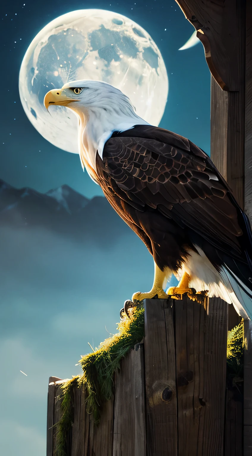 Eagle staring at the observer, (Tabletop), highest quality, (eagle)), (((no_human))), animal, feather, Shineing eyes, Scared,night, Horror, animal focus, wood, moon, Shine, dark,Anime drawings