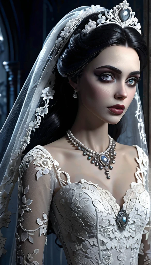 Corpse bride, a dirty white lace wedding dress, animated corpse bride, beautiful detailed eyes, beautiful detailed lips, long eyelashes, high-detail 3D render, dark surreal gothic fantasy, somber moody lighting, muted color palette, cinematic dramatic composition, intricate ornate details, baroque style, masterpiece, (best quality, 8k, highres, masterpiece:1.2), ultra-detailed, (realistic, photorealistic:1.37)