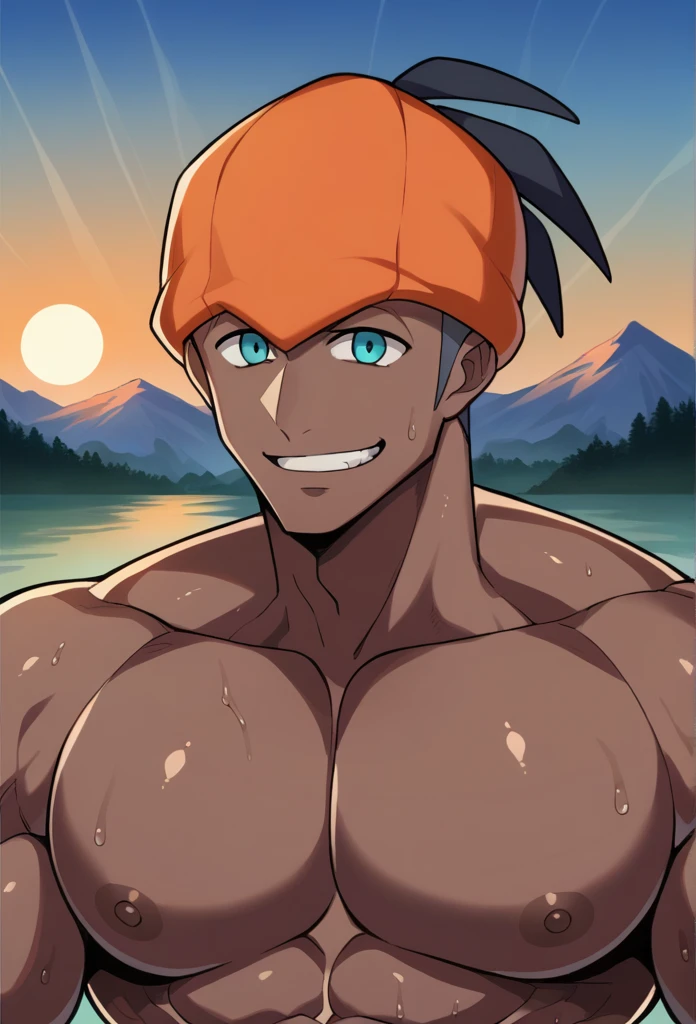 score_9, score_8_up, source_anime, solo, 1boy, male focus, dark-skinned male,  detailed background, raihan_hat, upper teeth only, upper body, smile, detailed face, grin, sunset, outdoors, mountains, orange headwear, naked, big pecs, sweaty, horny, detailed body, muscular, big penis, big ass