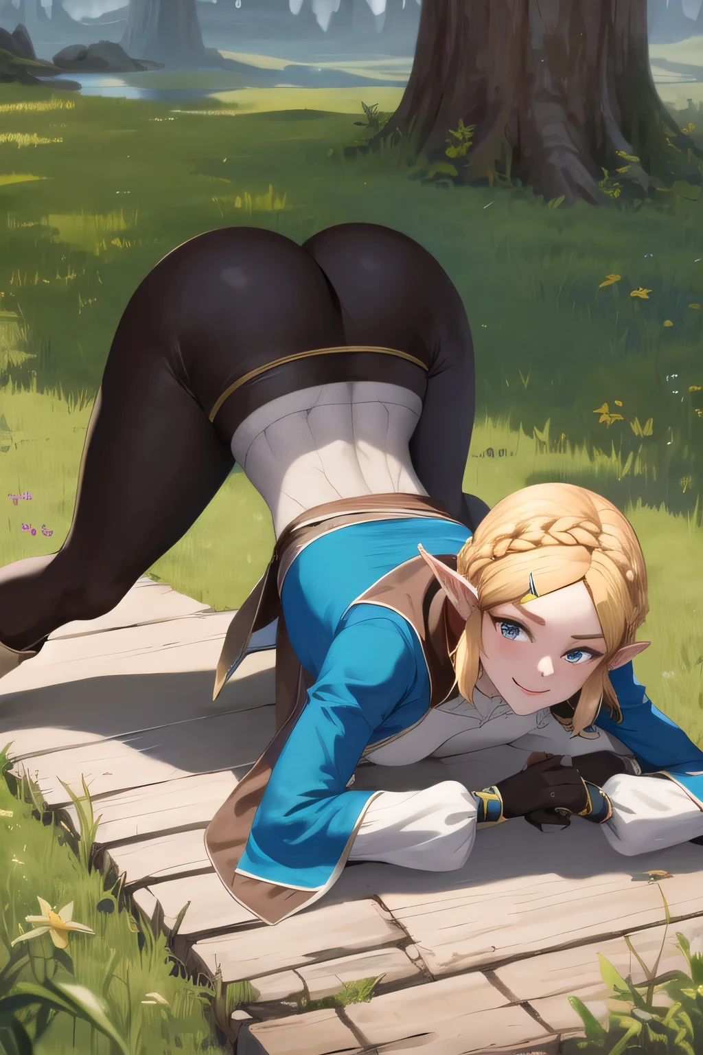 masterpiece, best quality, highres, aazelda, short hair, crown braid, hairclip, pointy ears, brown cape, blue shirt, puffy sleeves, long sleeves, fingerless gloves, black gloves, black pants, tight pants, standing, cowboy shot, smile, outdoors, Highly detailed, High Quality, masterpiece, jack-o' challenge, flexible, spread legs, top-down bottom-up, hutaodef, shorts