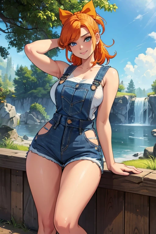 Ann's full body image Characters from the game Haves Moon young woman bright smile Orange hair tied in a white bow, has blue eyes, wears a yellow sleeveless shirt and jeans overalls on the outside. Show off white, plump C cup breasts. Jeans shorts, showing your legs, white and slender, beautiful picture, clear, realistic.