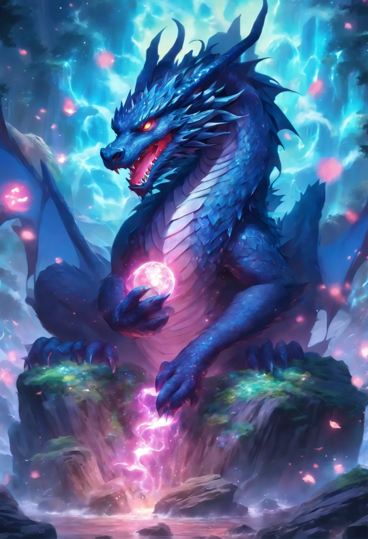 dragon with a ball in its mouth sitting on a rock, crystal dragon, dragon art, by Yang J, anthro dragon art, black dragon, a majestic gothic dragon, dragon mawshot art, but as an anthropomorphic dragon, by Victor Wang, by Ryan Yee, detailed fantasy art, 🌺 cgsociety, d&d commision art dragon