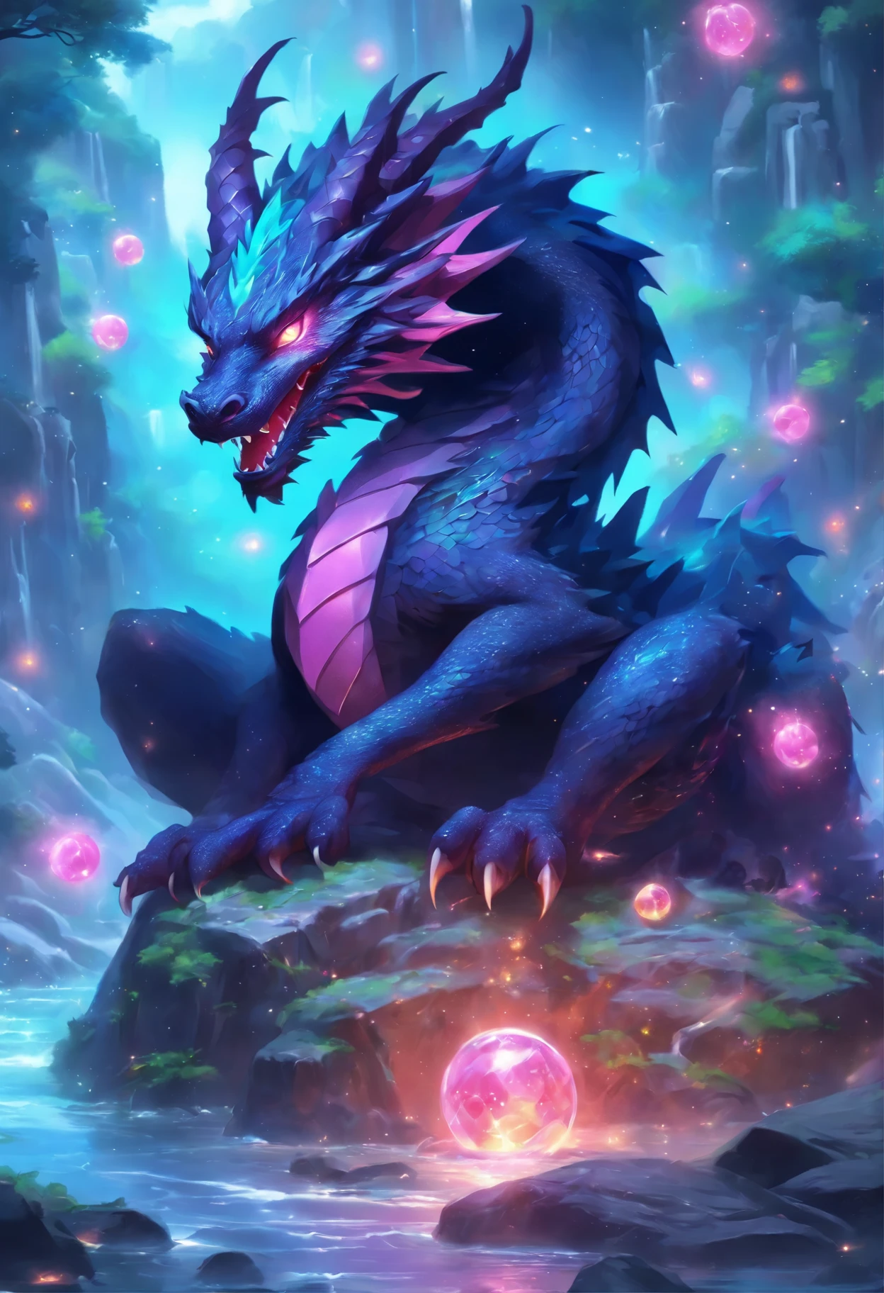 dragon with a ball in its mouth sitting on a rock, crystal dragon, dragon art, by Yang J, anthro dragon art, black dragon, a majestic gothic dragon, dragon mawshot art, but as an anthropomorphic dragon, by Victor Wang, by Ryan Yee, detailed fantasy art, 🌺 cgsociety, d&d commision art dragon