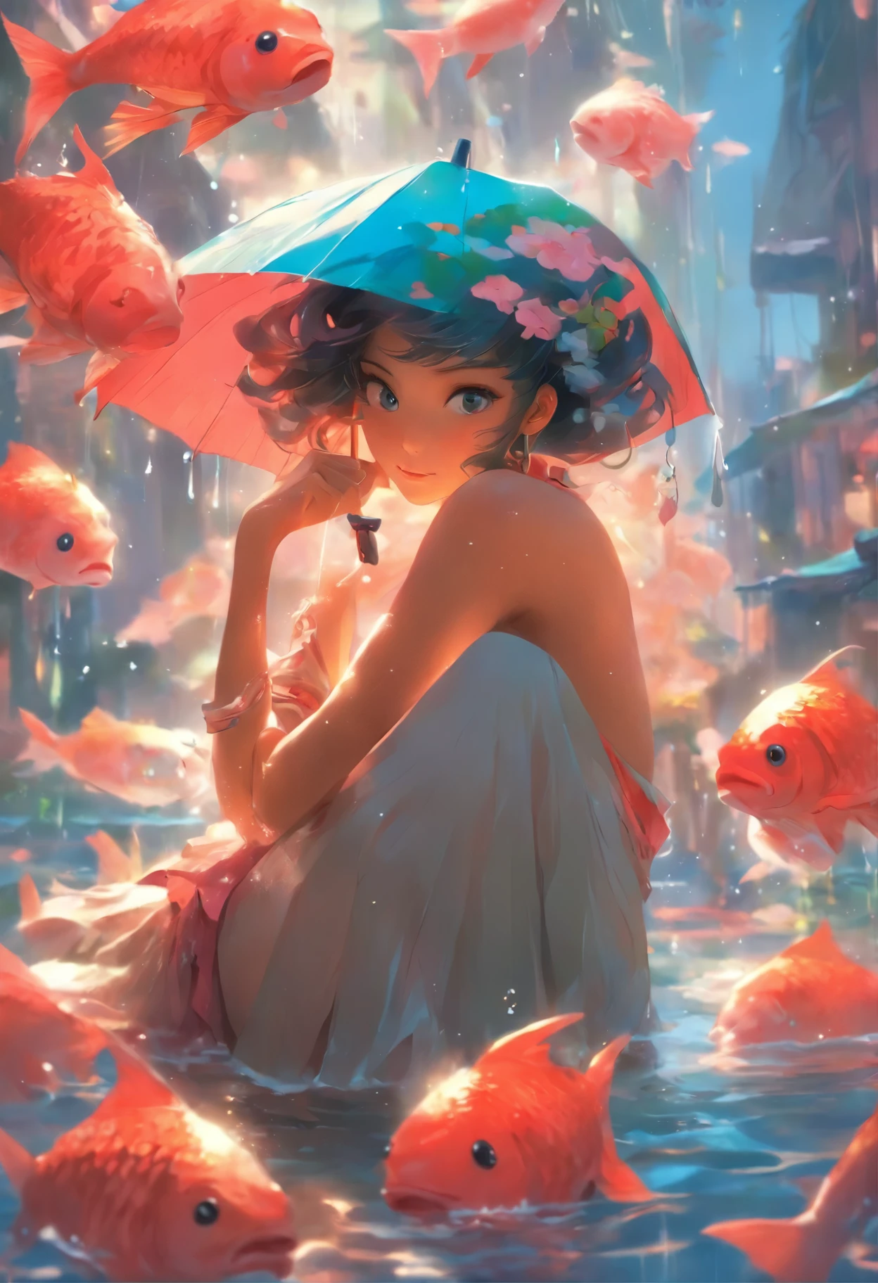 there is a woman sitting on a fish with an umbrella, by Yanjun Cheng, guweiz on pixiv artstation, guweiz on artstation pixiv, by Russell Dongjun Lu, by Chen Lin, by Li Song, by Yang J, artwork in the style of guweiz, by Zhou Wenjing, by Zeng Jing, by Wen Tong