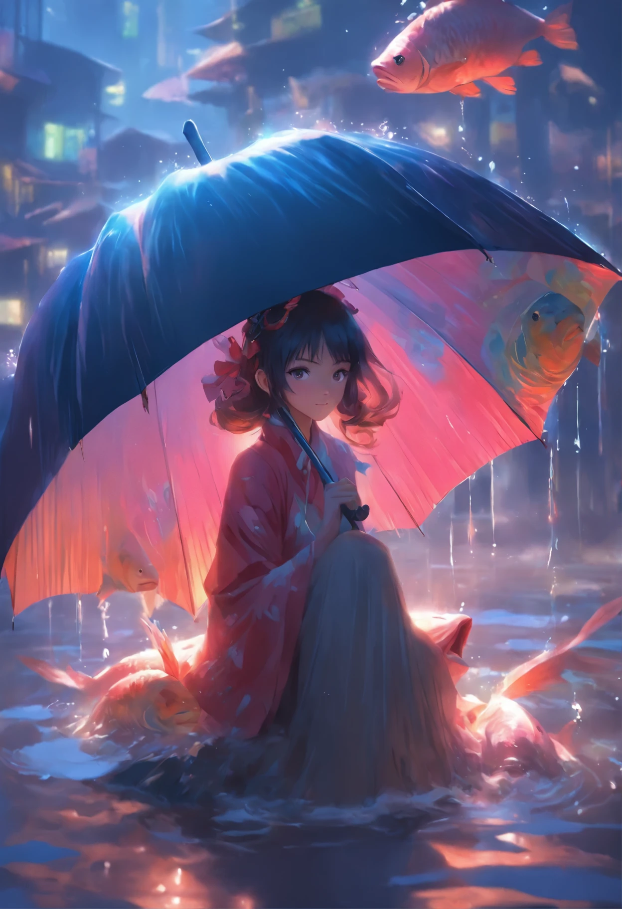 there is a woman sitting on a fish with an umbrella, by Yanjun Cheng, guweiz on pixiv artstation, guweiz on artstation pixiv, by Russell Dongjun Lu, by Chen Lin, by Li Song, by Yang J, artwork in the style of guweiz, by Zhou Wenjing, by Zeng Jing, by Wen Tong
