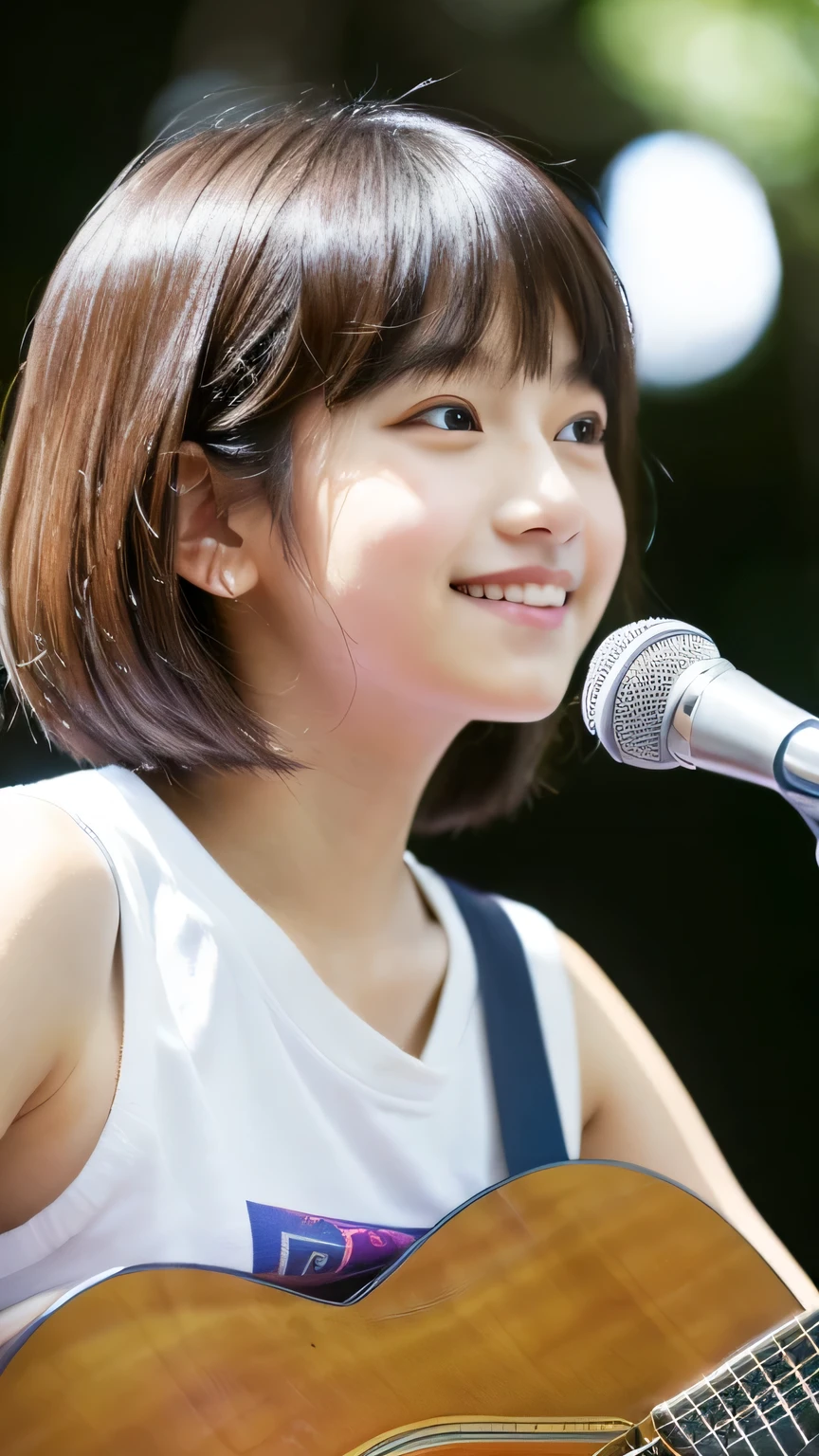 masterpiece High resolution Female student very cute natural atmosphere boyish Bobcut Dimples Mole Tanuki face White sleeveless shirt Playing Acoustic Guitar Are standing