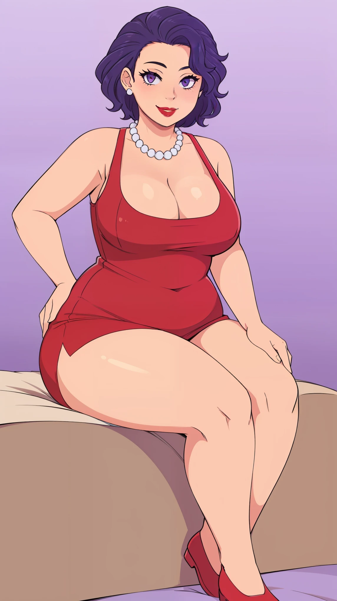 Middle aged, mommy, hands on hips, casual pose, smiling, Full body, bedroom bed, bedsheets, sitting on bed, looking at viewer, Short bob haircut, Windswept Messy Bob purple Hair, eyeliner, (red dress), (red lipstick), (light blue pearl necklace), cleavage, milf, mature, (purple eyes)