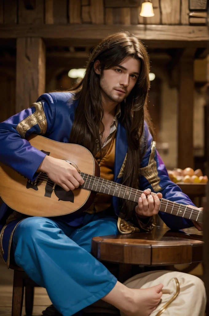 best quality, 8k, highly detailed face and skin texture, high resolution, long hair man in colorful suit playing lute at tavern, full body, sharp focus