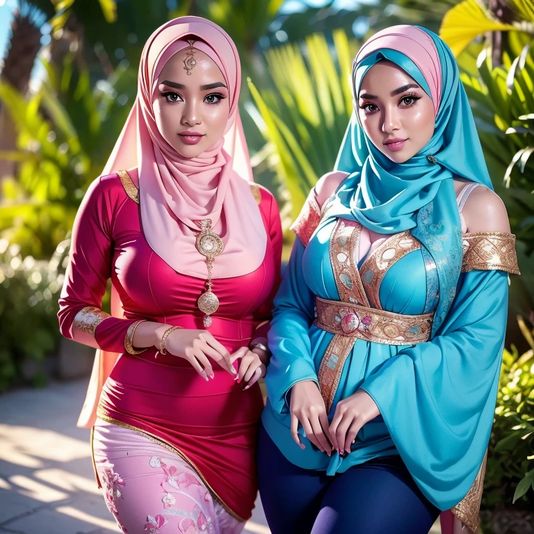 big breast, malay, The whole body consists of a young girl with hijab bikinis Kimono, Eye makeup, 38 year old, Cat ears, Soft lighting, groups, Wear shabby clothes, Dirty, red futuristic military uniform, Cat's paw badge, Pose, spot color, rendering by octane, Ultra-realistic intricate details, big breasts, big breasts, big breasts, two MAPAY women in lingerie posing for a picture in a room, oppai, posing together in bra, MIRA FILZAH and IMAN TAYORE, red bra, all red, Two:2 malay girls, Group,long big hijab, blue eyes, medium hijab, superhero, blue and white leotard, leggings, boots, hands on hip, top of building, very windy, city background, bokeh, nighttime, high quality, ultra detail, 8k, action pose, cinematic lighting, lot of smoke effect, dramatic action, fighting pose, style raw, 35mm lense, low angle Shot, Deep Focus cinematography effect, Natural Lighting, cool-toned color grading, high quality, ultra detail, 8k resolution, using Canon EOS C700, Best quality, high resolution, Masterpiece: 1.3, Beautiful Malay hijab girl, Masterpiece, Soft smile, Realistic, Charming eyes, Glowing eyes, Parted lips, Modest attire, Malay traditional hijab, graceful figure, Aesthetics of the female body in hijab, Serene setting, Sunlight filtering through leaves, Beautifully detailed clothing, intricate hijab patterns, Cultural immersion, Ethnic diversity, Feminine elegance. 3D Octane rendering, ray tracing, super detailing viewer, close-up.Malay girl with hijab, Eye makeup (((highest quality)), (super detailed), 2 girls, (iridescent hair, colorful hair, half blue and half pink hair: 1.2), (Gorgeous Malay Girls: 1.2), outdoor, bangs, smile, sky blue eyes, perfect hands, perfect hands, hand details, corrected fingers. Earrings, Night Store + Background, looking_at_viewer, Cowboy Shot, Top Quality, Rich Detail, Perfect Image Quality, big breasts, slender body, morning time, smiling, happy, bright sunshine, beach, blurred background, bokeh,realistic, ultra-detailed,