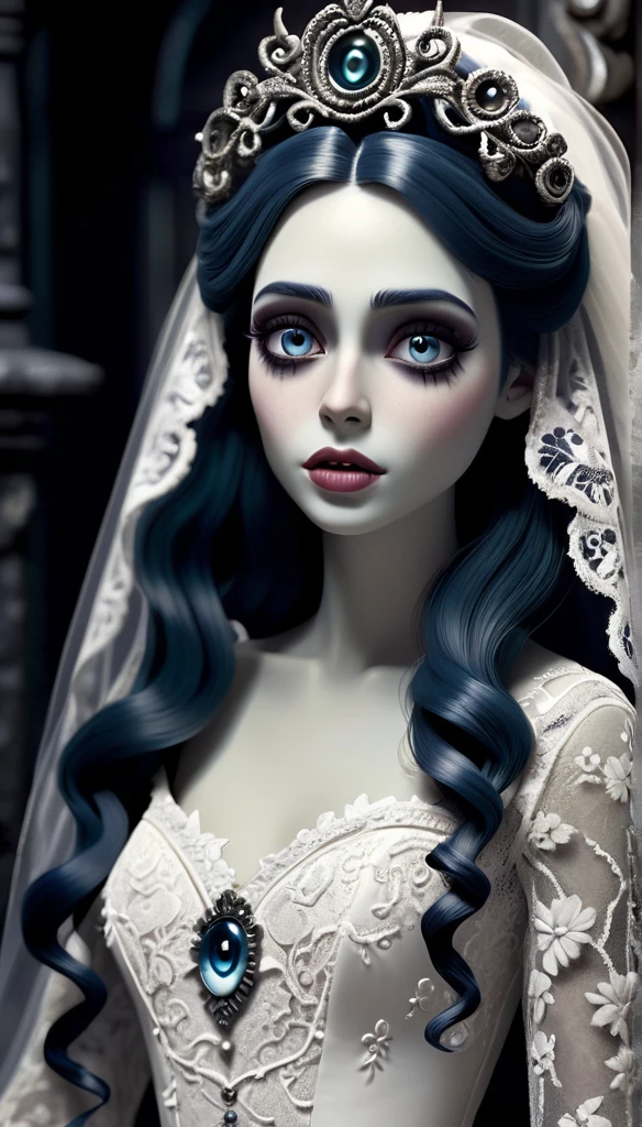 bride, a dirty white lace wedding dress, animated corpse, beautiful detailed eyes, beautiful detailed lips, long eyelashes, high-detail 3D render, dark surreal gothic fantasy, somber moody lighting, muted color palette, cinematic dramatic composition, intricate ornate details, baroque style, masterpiece, (best quality, 8k, highres, masterpiece:1.2), ultra-detailed, (realistic, photorealistic:1.37)