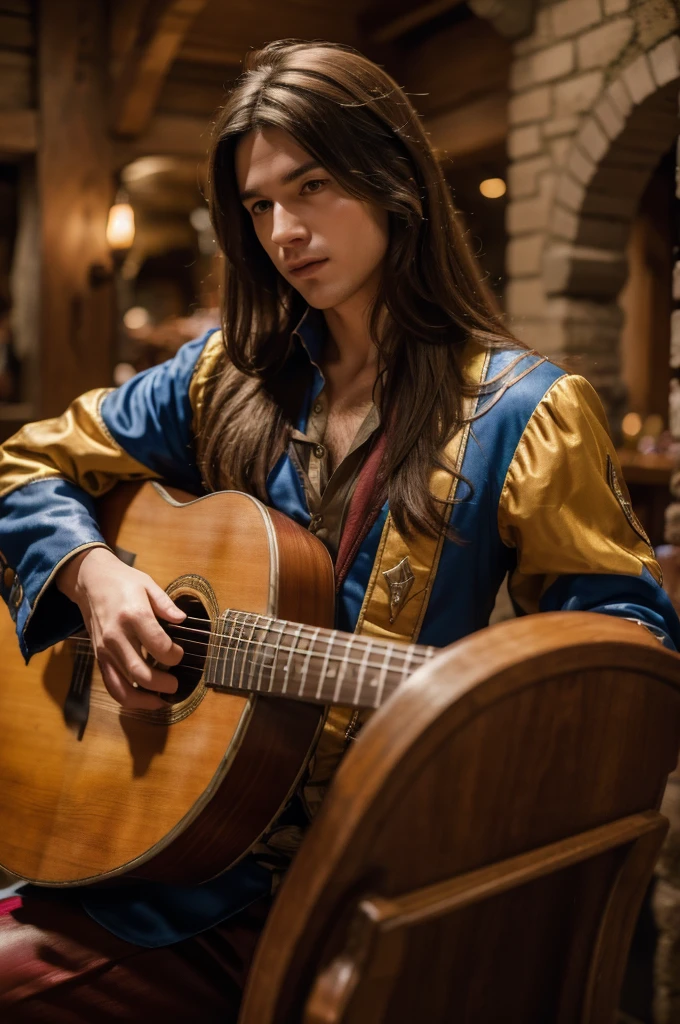 best quality, 8k, highly detailed face and skin texture, high resolution, long hair man in colorful suit playing lute at tavern, full body, sharp focus
