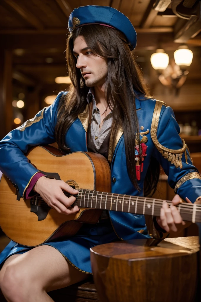 best quality, 8k, highly detailed face and skin texture, high resolution, long hair man in colorful suit playing lute at tavern, full body, sharp focus
