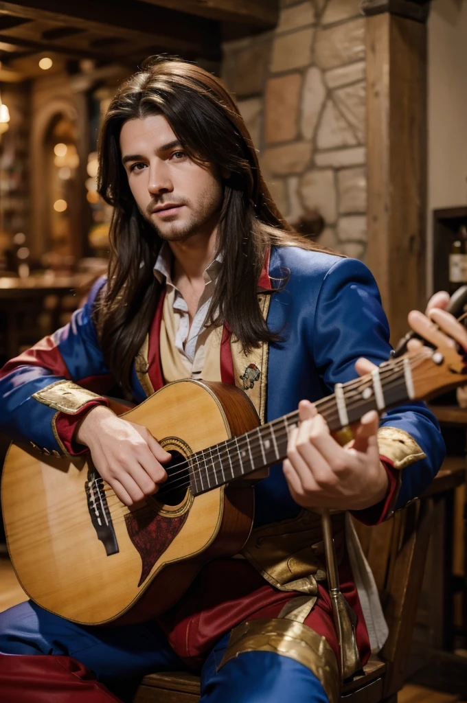 best quality, 8k, highly detailed face and skin texture, high resolution, long hair man in colorful suit playing lute at tavern, full body, sharp focus
