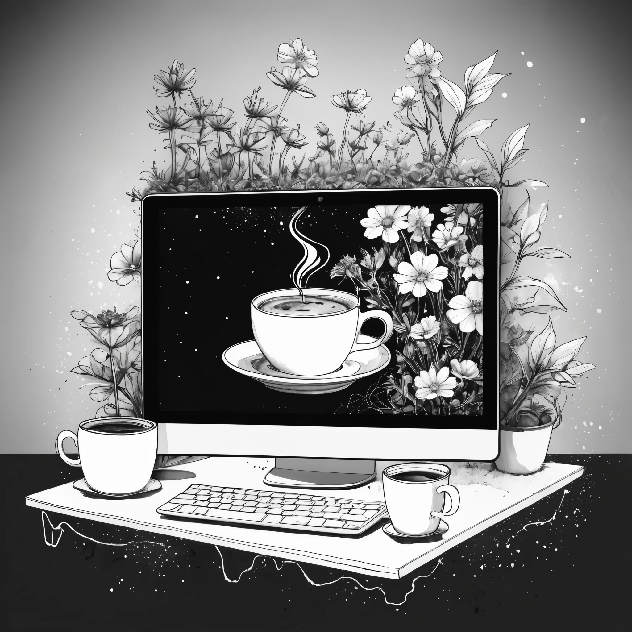 a cup of coffee display on computer screen, front view, isometric, cosmos, plants grow around old computer, black and white, ink,ink splash,line outline, watercolor