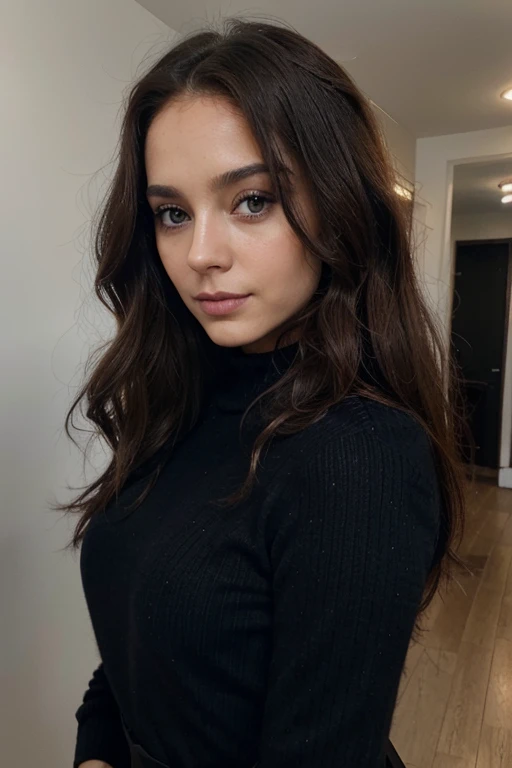 femme de 29 ans, long brown slightly curly hair, yeux bleus, visage parfait, professional makeup like model, C et portant un haut noir