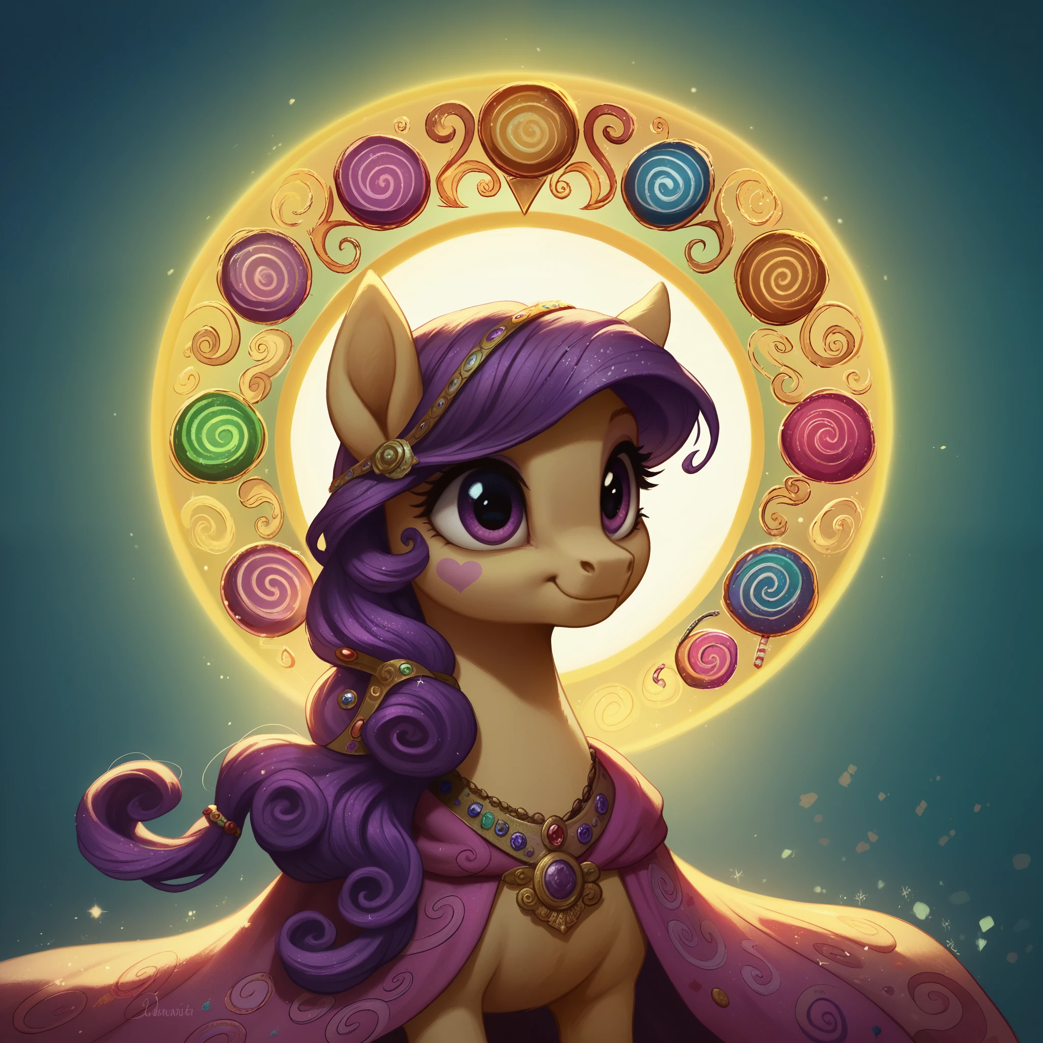 score_9,score_8_up,score_7_up,score_6_up, cute Gypsy pony, Gypsy fashion, glowing backlight, candy, dark scene, glitter, whimsical, enchanted, magical, fantasy art concept, intricate details,