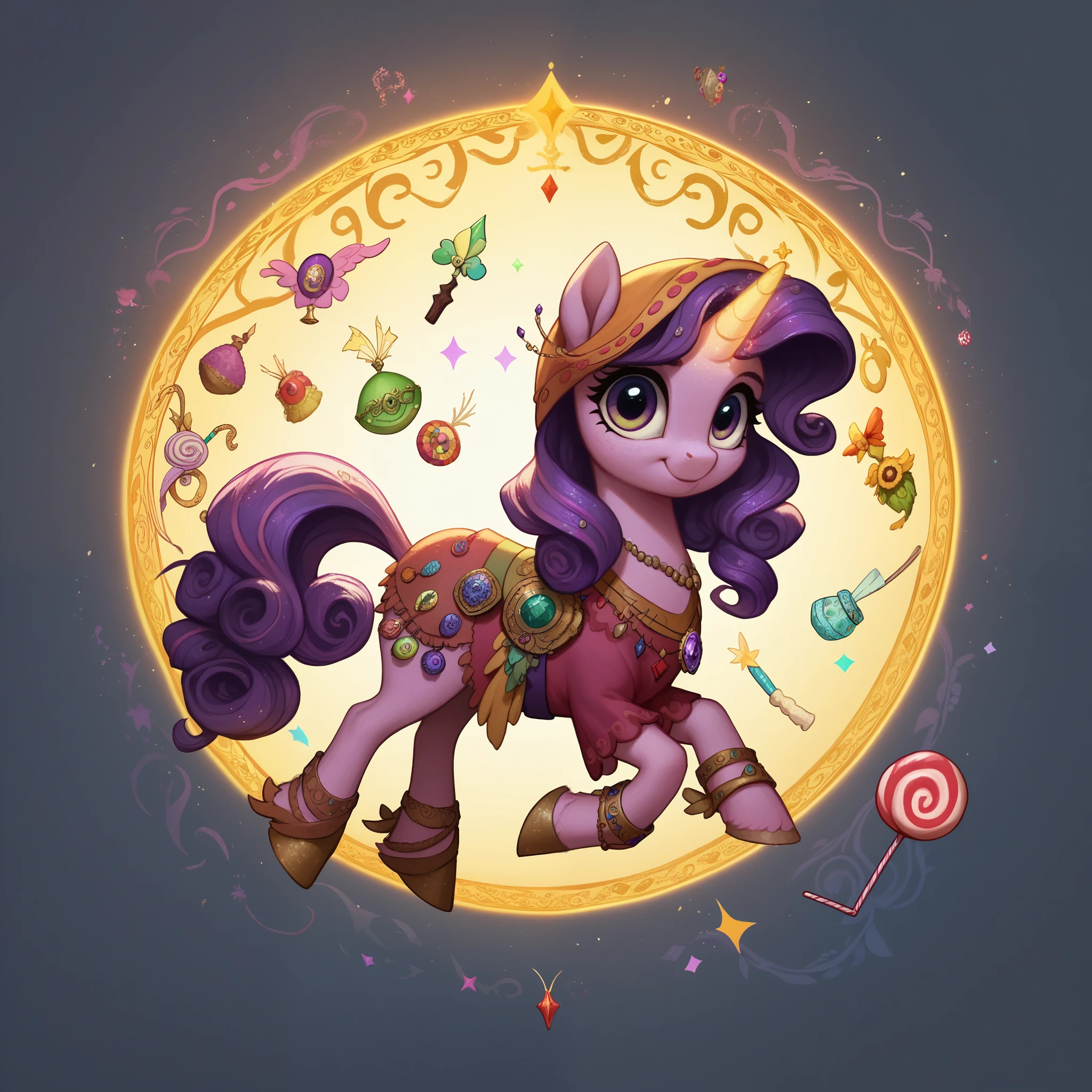 score_9,score_8_up,score_7_up,score_6_up, cute Gypsy pony, Gypsy fashion, glowing backlight, candy, dark scene, glitter, whimsical, enchanted, magical, fantasy art concept, intricate details,