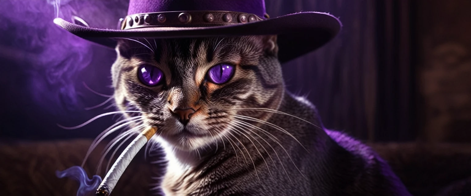 a detailed anthropomorphic cat with beautiful purple eyes wearing a stetson cowboy hat, smoking a cigarette, highly detailed, cinematic lighting, dramatic atmosphere, award winning digital art, intricate details, cinematic composition, photorealistic, 8k, masterpiece