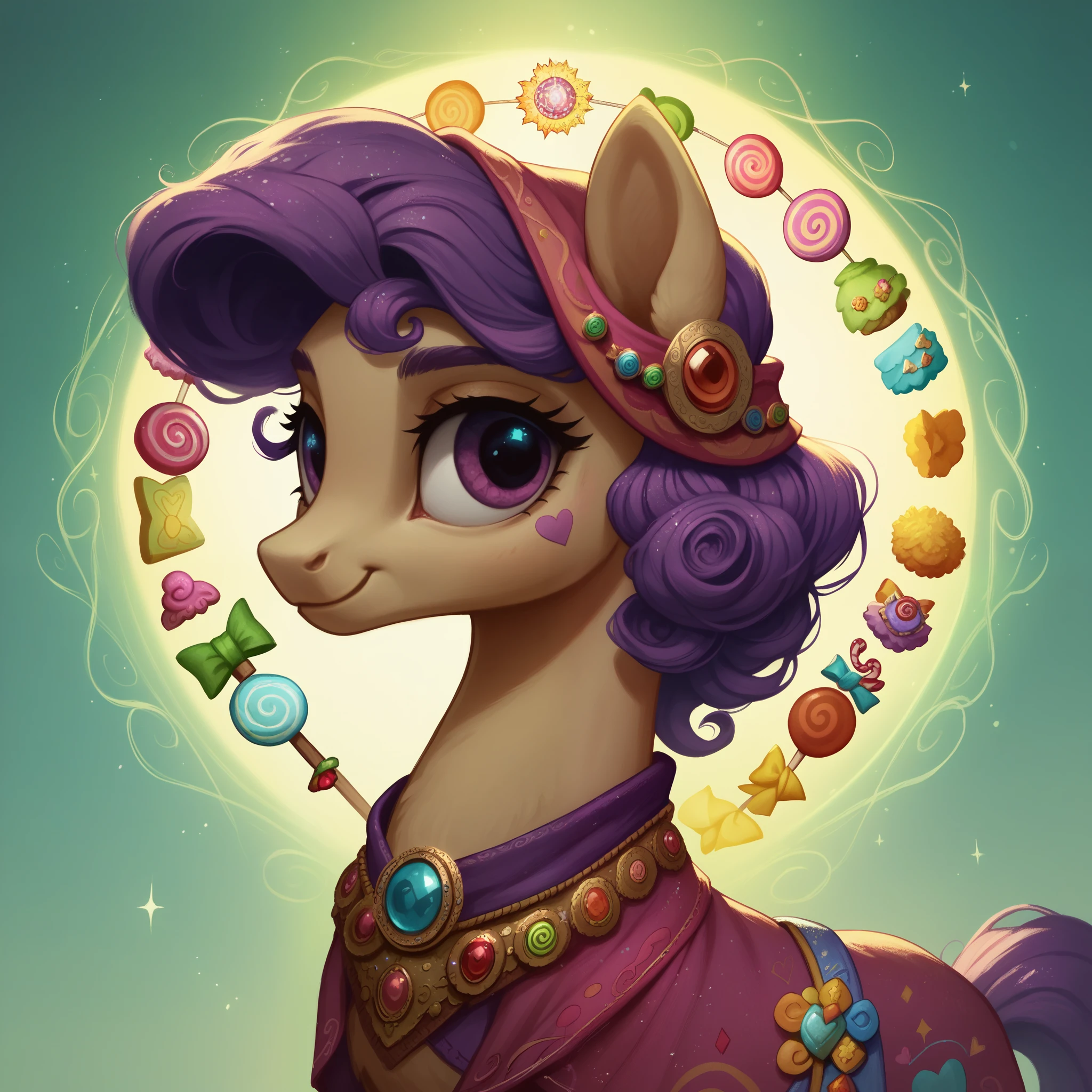 score_9,score_8_up,score_7_up,score_6_up, cute Gypsy pony, Gypsy fashion, glowing backlight, candy, dark scene, glitter, whimsical, enchanted, magical, fantasy art concept, intricate details,