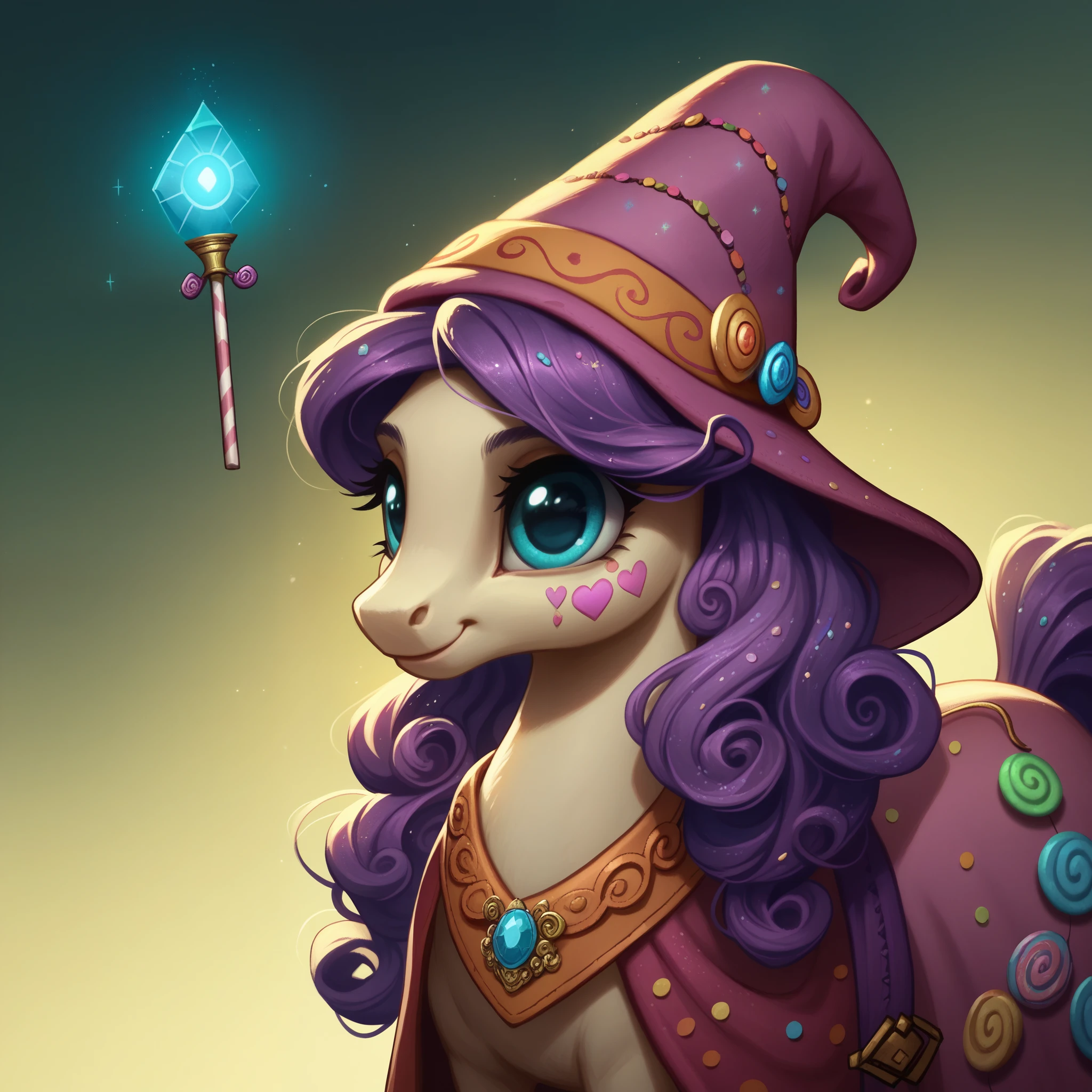 score_9,score_8_up,score_7_up,score_6_up, cute Gypsy pony, Gypsy fashion, glowing backlight, candy, dark scene, glitter, whimsical, enchanted, magical, fantasy art concept, intricate details,